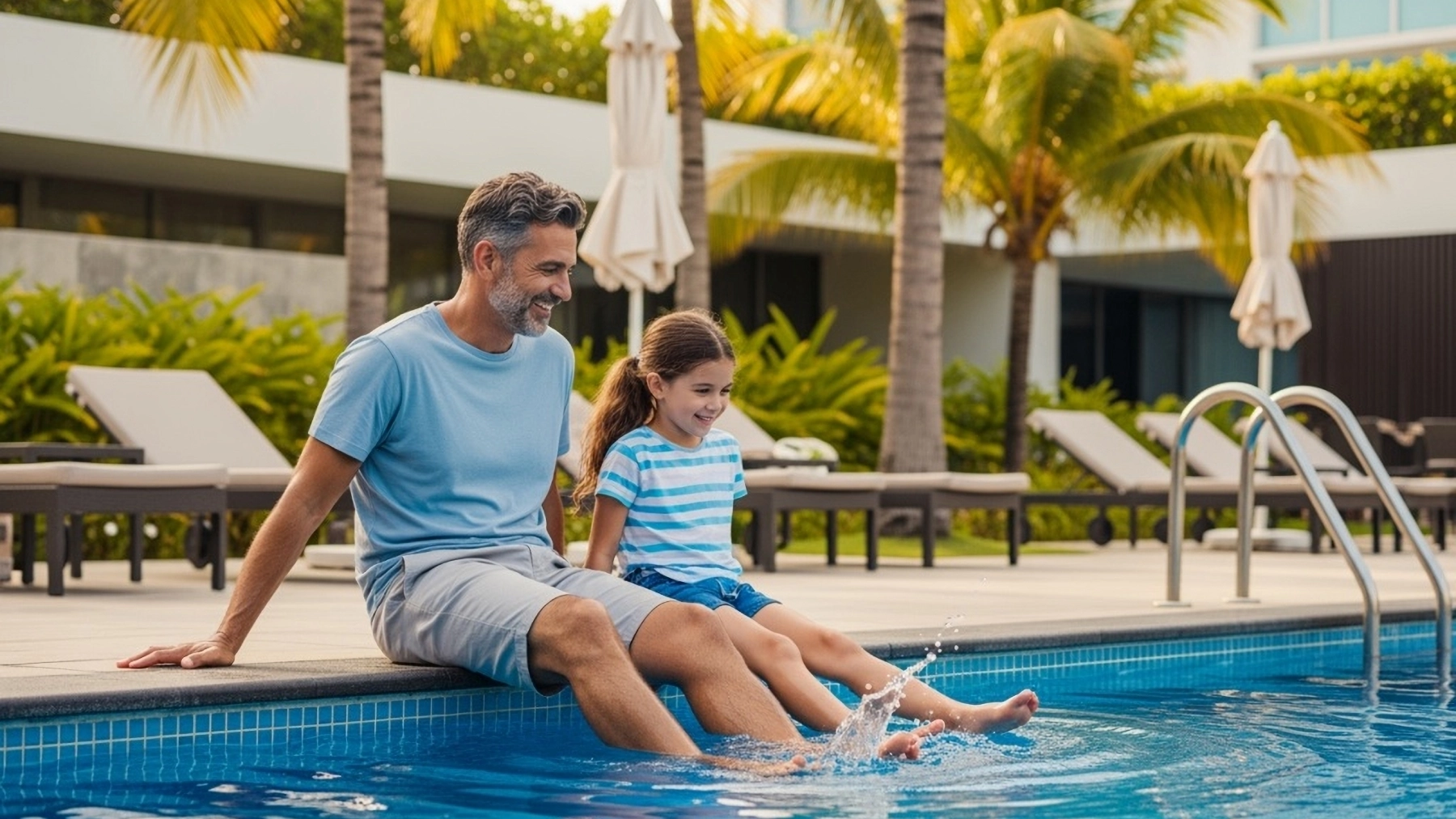 dad and daughter sitting next to a pool at a resort